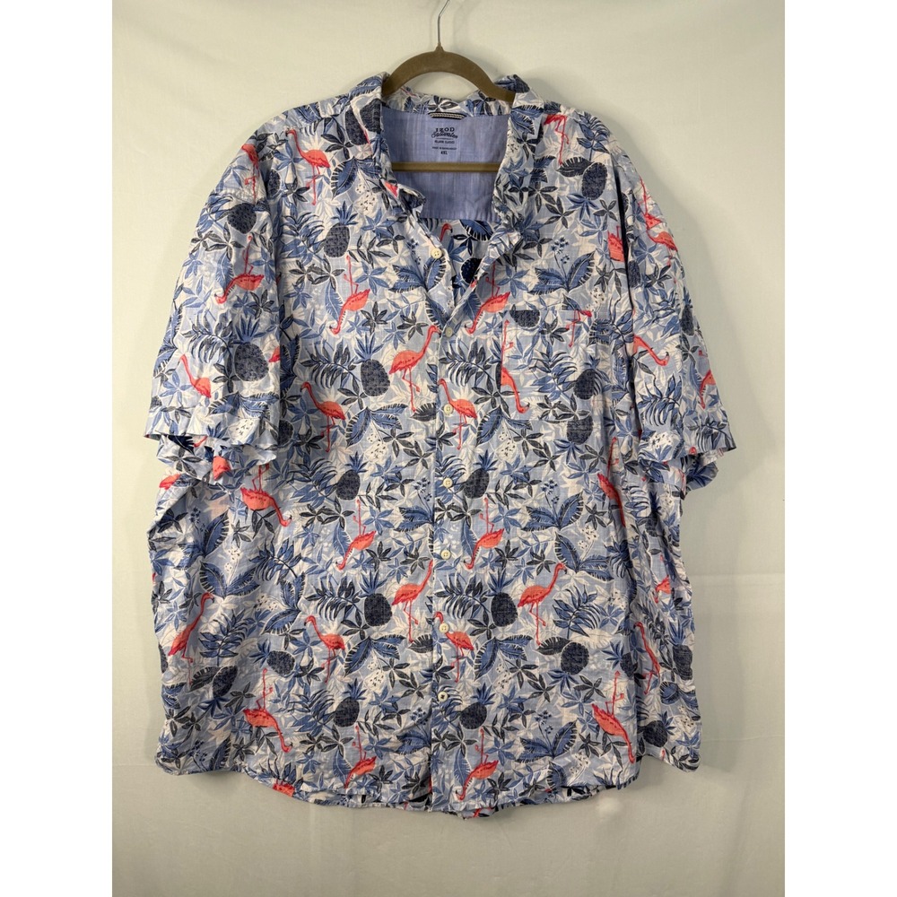 IZOD Saltwater Flamingo Tropical Shirt Mens 4XL Blue Pink Cotton Button Down